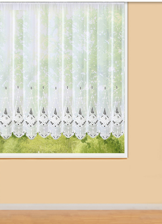 Klassisk - Blomsterfönstergardin med universellt skenband, i storlek 140 (H125xW300 cm) till 181 (H175xW600 cm), i färg VIT Utsikt 1
