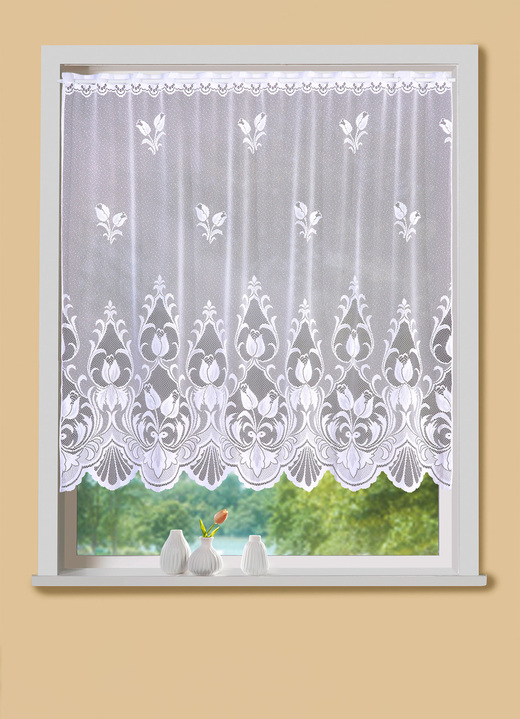 Klassisk - Liten fönstergardin med stånggenomföring, i storlek 120 (H80xW100 cm) till 125 (H100xW150 cm), i färg VIT Utsikt 1