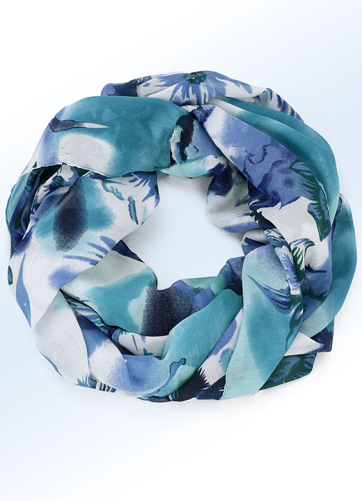Tillbehör - Loop-scarf med fantasiblommadesign, i färg BLÅ GRÖN Utsikt 1