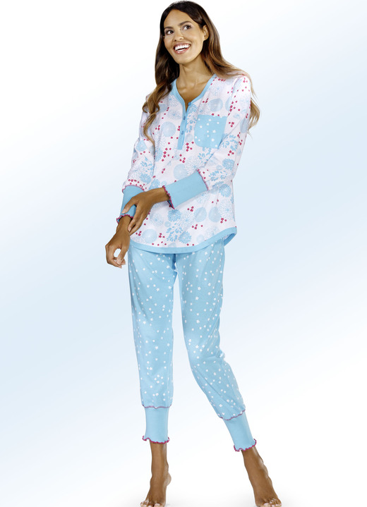Lång- & kortärmade pyjamasar - Pyjamas med muddar och knappslå, i storlek 032 till 050, i färg VIT-TURKOS Utsikt 1