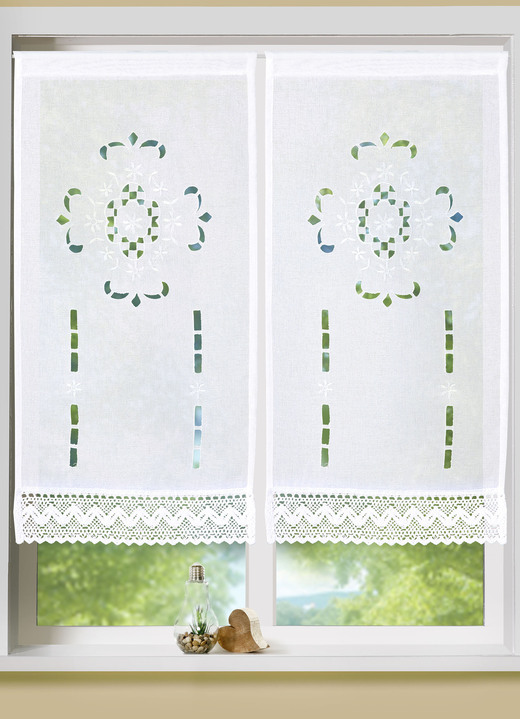 Klassisk - Fönster- och dörrgardiner med stånggenomdragning, i storlek 309 (Hängande i fönster, H 80xW40 cm) till 349 (Dörr hängande, H180xW90 cm), i färg VIT Utsikt 1