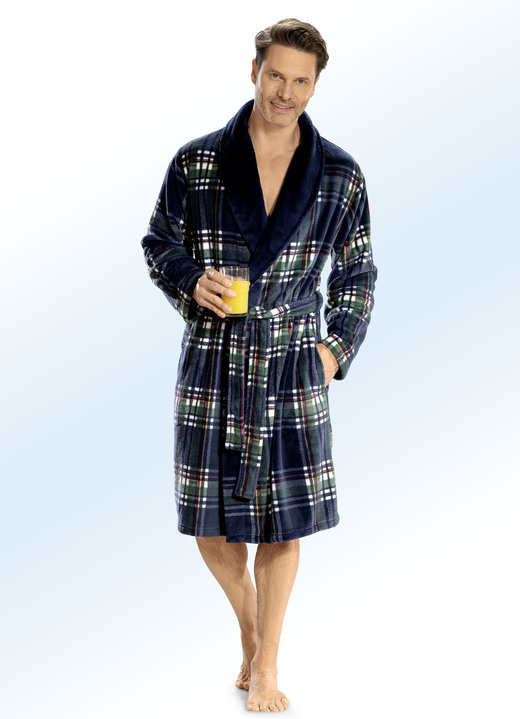 Badkläder - morgonrock med sjalkrage, i storlek 046 till 062, i färg MARIN FÄRGERIGT