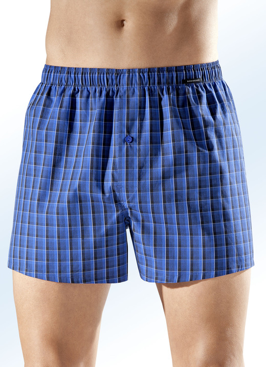 Underkläder för män - Schiesser boxershorts i två-pack, färgglad design, i storlek 004 till 008, i färg 1X BLÅ-SVART RUTIG, 1X ENFÄRGAD BLÅ MELERAD Utsikt 1