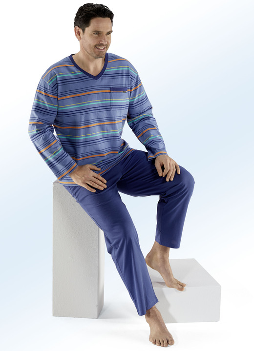 Pyjamasar - Pyjamas med V-ringning och garnfärgad randig design / hållbar bomullsodling, i storlek 046 till 060, i färg BLÅFÄRGIG Utsikt 1