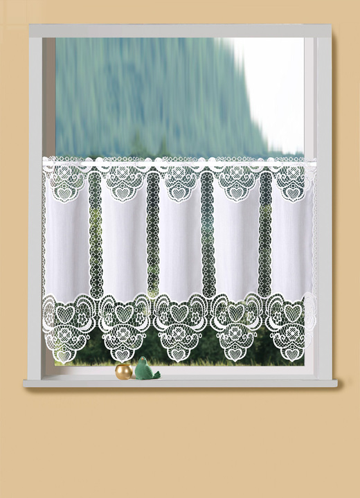 Korta gardiner - Kort gardin av makraméspets, i storlek 786 (H45xB 93 cm) till 859 (H60xW135 cm), i färg VIT Utsikt 1