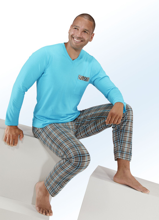 Pyjamasar - Pyjamas med V-ringning, bröstficka och rutigt mönster, i storlek 050 till 062, i färg TURKOS GRAFIT