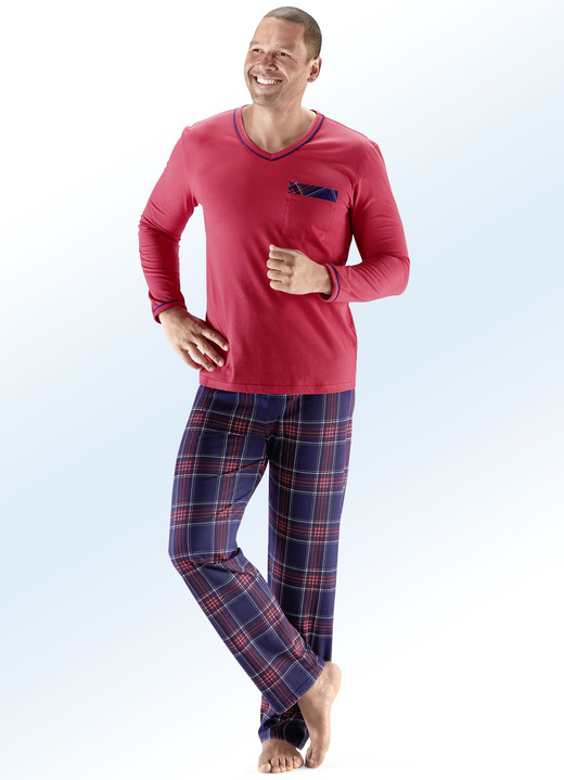Pyjamasar - Pyjamas med V-ringning och påsydd bröstficka, i storlek 046 till 060, i färg RÖD-NAVY-FÄRGERIGT