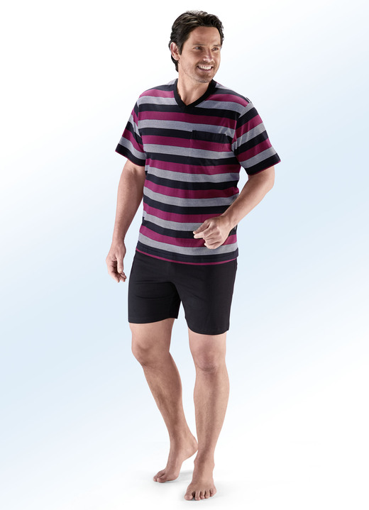 Kortärmade pyjamasar - Tvåpack med shorts med V-ringning, bröstficka och garnfärgad randig design, i storlek 046 till 062, i färg 1X BORDEAUX-SVART, 1X PETROL-NAVY Utsikt 1