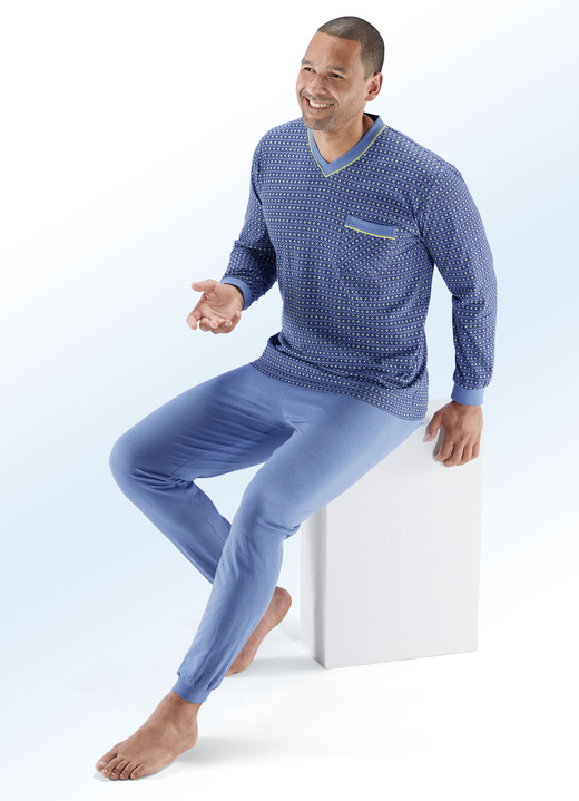 Pyjamasar - Pyjamas med V-ringning, bröstficka och all-over design, i storlek 050 till 066, i färg DENIM BLÅFÄRGIG