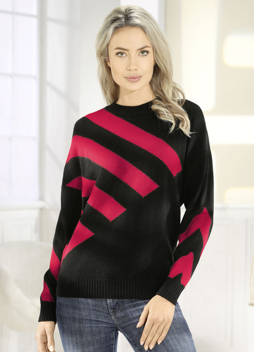 Lång ärm - Intarsia tröja, i storlek 036 till 052, i färg SCHWARZ-ROT Utsikt 1