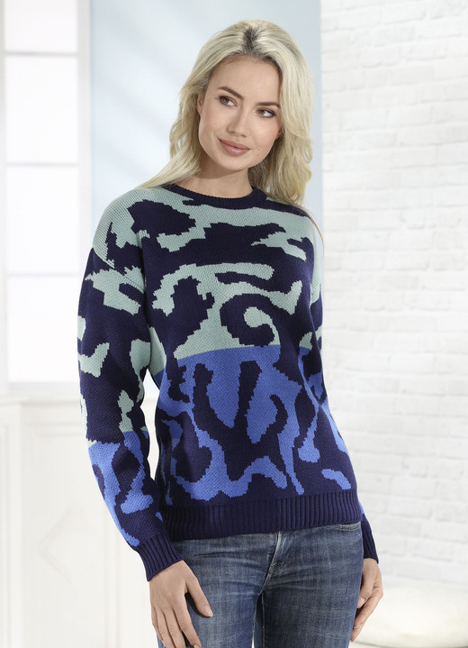 Lång ärm - Tröja i jacquarddesign, i storlek L(44/46) till XL(48/50), i färg NAVY-MINT-BLÅ