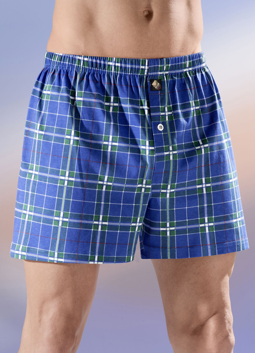 Underkläder för män - Fyrpack boxershorts, rutiga, gylf med knappar, i storlek 005 till 014, i färg 2X KUNGABLÅTT FLERFÄRGAT, 2X GRÖNT FLERFÄRGAT