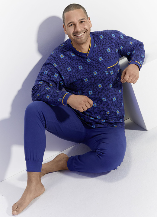 Pyjamasar - Pyjamas med V-ringning och bröstficka, i storlek 046 till 064, i färg KOBALTBLÅ FÄRGERIGT Utsikt 1