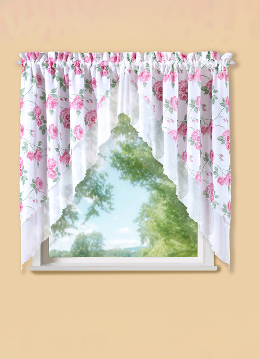 Korta gardiner - 2-delat fönsterhängande med rosmotiv, i storlek 878 (80x80 cm) till 892 (145x120 cm), i färg VIT ROS Utsikt 1