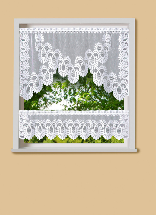Korta gardiner - 2-delat fönsterset med genomdragsstänger, i storlek 309 (68x120 cm + 28x120 cm) till 315 (68x150 cm + 28x150 cm), i färg VIT