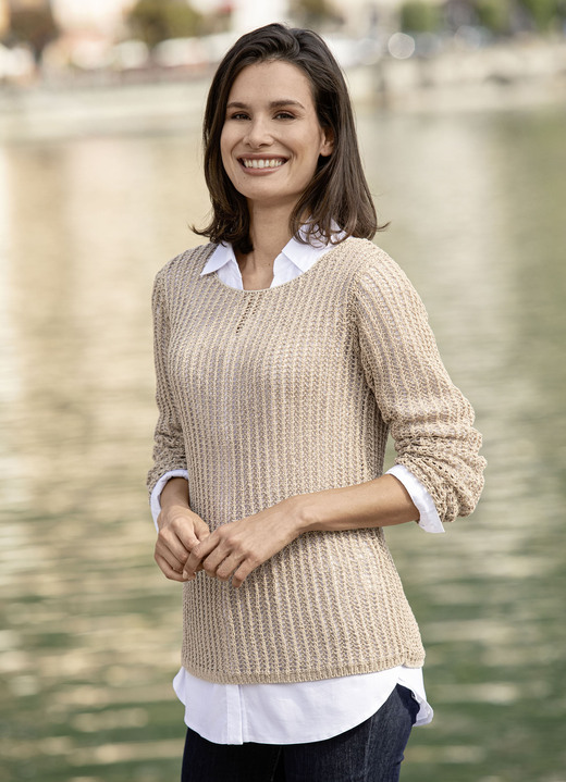 Lång ärm - Tröja av elegant, glänsande bandgarn, i storlek L(44/46) till XS(32/34), i färg SAND BEIGE Utsikt 1
