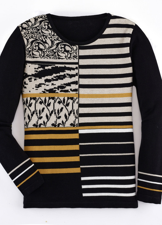 Lång ärm - tröja med intarsia, i storlek 038 till 054, i färg SVART-BEIGE FLAMMIG-MÄSSING