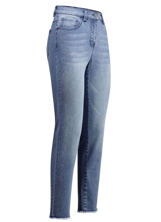 Byxor med knapp & dragkedja - Eleganta jeans med fina strass och franskant, i storlek 017 till 050, i färg LJUSBLÅ Utsikt 1