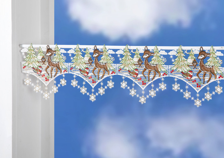 Fönsterbilder - Vinterstångsdekoration gjord av äkta Plauenspets, i storlek 628 (H18xB48 cm) till 664 (H18xB96 cm), i färg FÄRGRIK