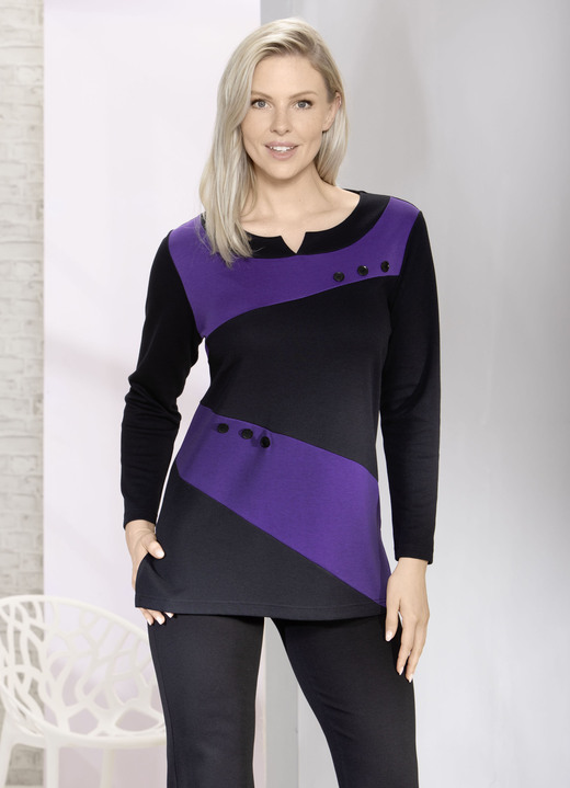 Lång ärm - Raffinerad sweatshirt med V-slits, i storlek 038 till 054, i färg SVART LILA