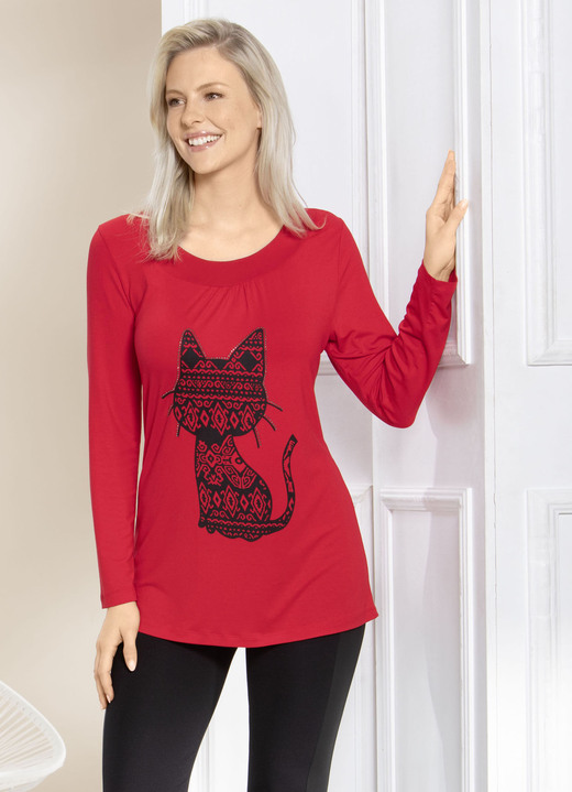 Lång ärm - Skjorta med kattmotiv i 2 färger, i storlek 038 till 056, i färg RÖD Utsikt 1