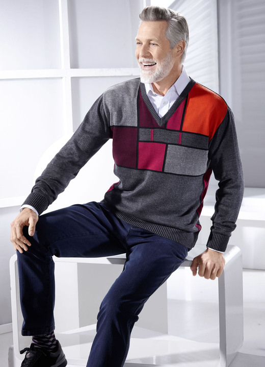Tröjor & stickat mode - Intressant V-ringad tröja med grafiskt mönster, i storlek 046 till 062, i färg ANTRACIT-BORDEAUX-TERRAKOTTA Utsikt 1