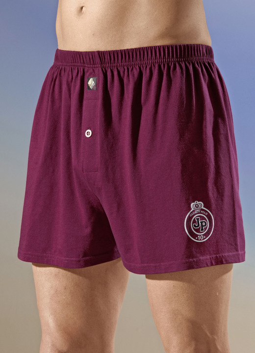 Underkläder för män - Fyrapack boxershorts, enfärgade med tryckmotiv, i storlek 005 till 013, i färg 2X BORDEAUX, 2X SMOKE BLUE