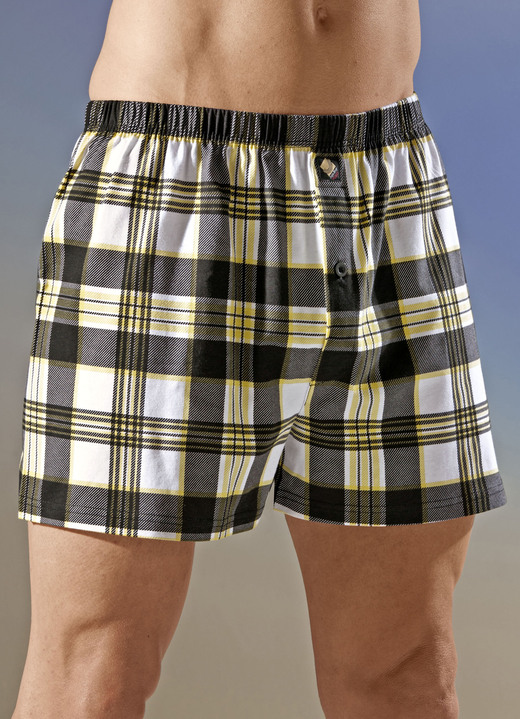 Underkläder för män - Fyrapack boxershorts med knappgylf, i storlek 005 till 013, i färg 2X SVART-VIT-GUL, 2X UNI SVART