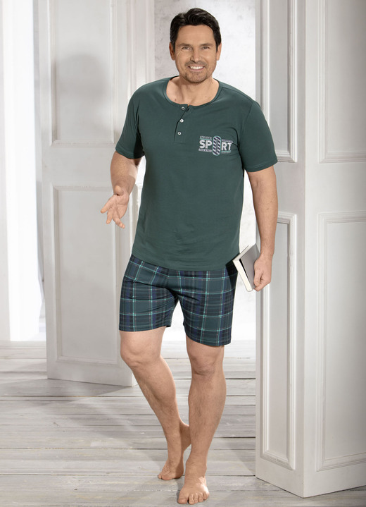 Kortärmade pyjamasar - Shorty med knappslå och tryckt motiv, i storlek 046 till 062, i färg FIR GREEN MARIN