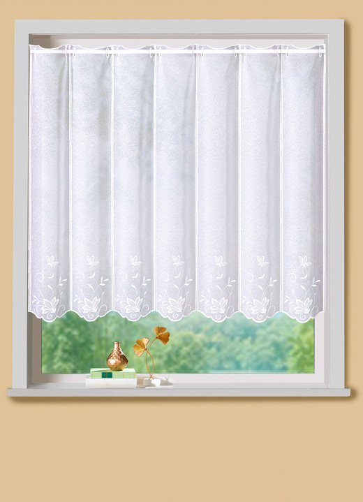 Korta gardiner - Kort persienn med lövbroderi och stavgenomdragning, i storlek 660 (H30xB 90 cm) till 858 (H60xW120 cm), i färg VIT