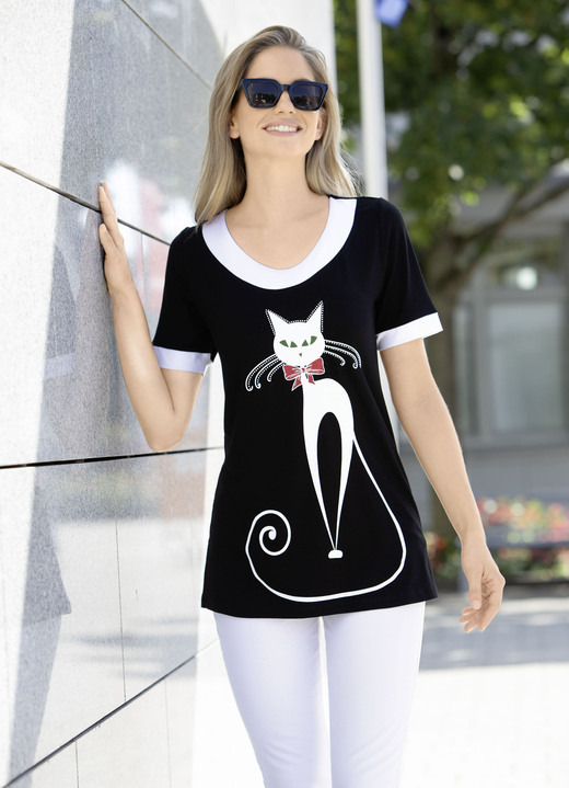 Kort ärm - Lång skjorta med kattmotiv, i storlek 038 till 056, i färg SVART