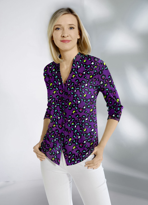 Blusar & tunikor - Skjortblus med ståkrage, i storlek 036 till 052, i färg LILA-TURKOS-FÄRGERIGT