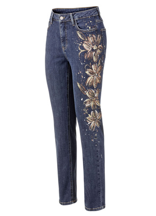 Eleganta jeans med handmålade blommotiv