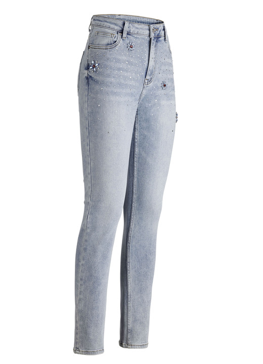 Byxor med knapp & dragkedja - Jeans med strassdekor och glänsande blommotiv, i storlek 017 till 050, i färg LJUSBLÅ Utsikt 1