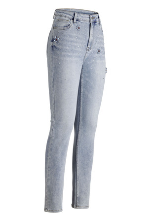 Jeans med strassdekor och glänsande blommotiv