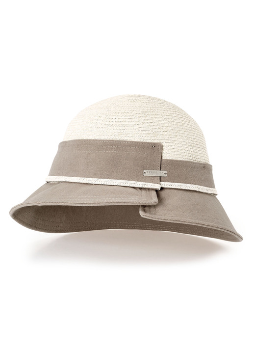 Tillbehör - Seebergermössa med brätte och dekorband av pappershalm, i färg BEIGE-TAUPE Utsikt 1