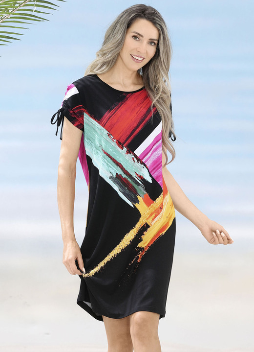 Strandklänningar - Laurina klänning med bläckstråletryck design och rynkbara ärmar, i storlek 036 till 054, i färg SCHWARZ-BUNT