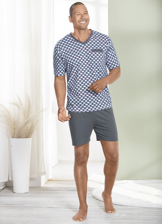 Kortärmade pyjamasar - Shorty med V-ringad, i storlek 048 till 064, i färg BLEU GRAFIT