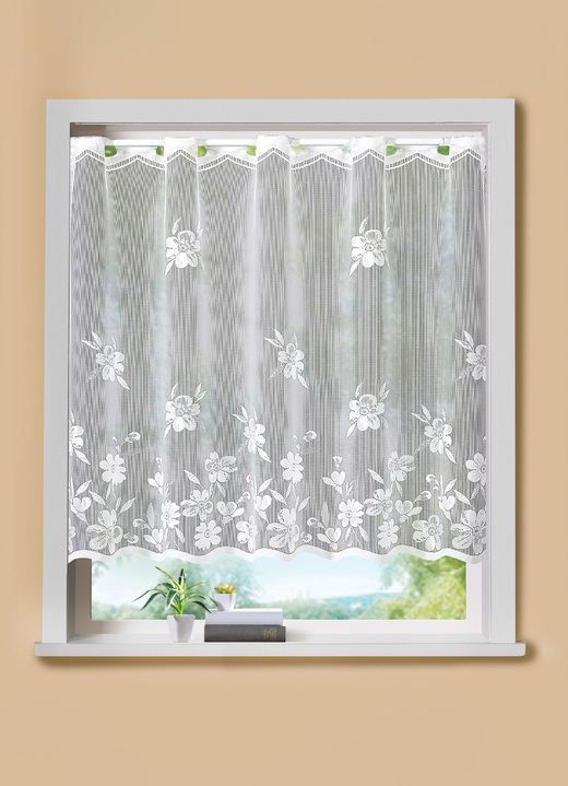 Korta gardiner - Liten fönsterblind blomranka med stånggång, i storlek 120 (H80xW100 cm) till 125 (H100xW150 cm), i färg VIT Utsikt 1