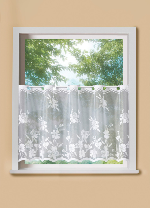 Korta gardiner - Kort blindblomsranka med stånggång, i storlek 660 (H30xW100 cm) till 876 (H50xW150 cm), i färg VIT Utsikt 1