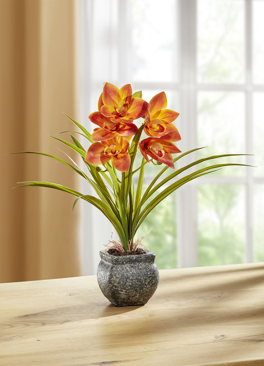 Konstgjorda växter - Cymbidium orkidé i cementkruka, i färg ORANGE Utsikt 1