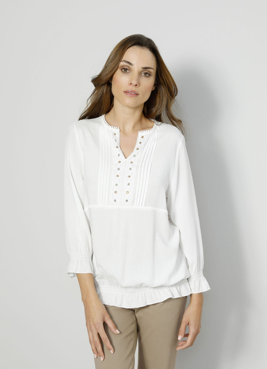 3/4-ärm - Slip-on blus med volanger, i storlek 038 till 052, i färg WEISS Utsikt 1