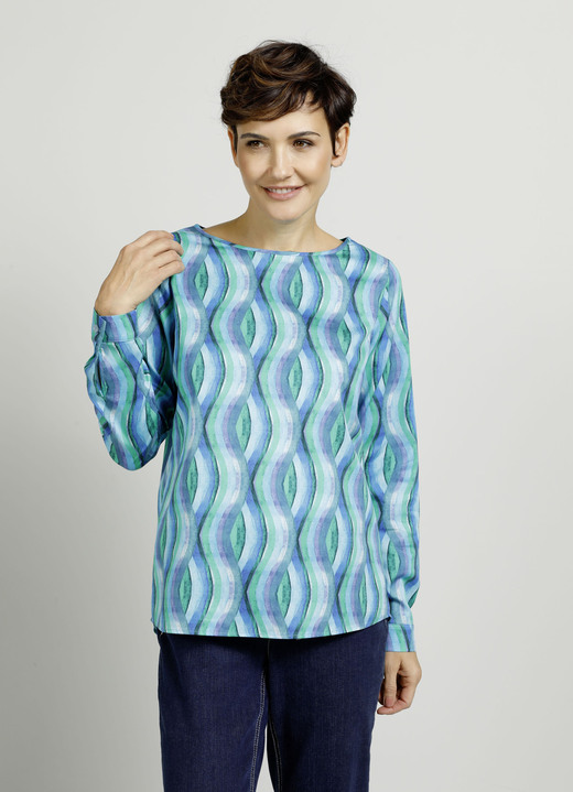 Lång ärm - Slip-on blus med harmoniskt färgspel, i storlek 038 till 052, i färg BLÅ-TURQUOISE Utsikt 1