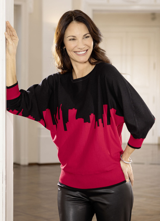 3/4-ärm - Pullover i mjuk, finstickad, i storlek L(44/46) till XS(32/34), i färg SCHWARZ-ROT Utsikt 1