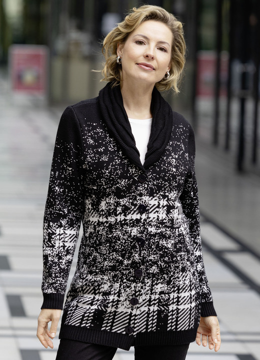 Stickad kofta - Cardigan i jacquarddesign, i storlek 038 till 054, i färg MONOKROM Utsikt 1