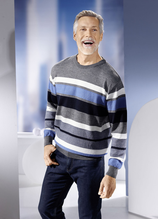 Tröja - Tröja med rund hals och en texturerad mix överallt, i storlek 046 till 064, i färg GRÅ-NAVY-BLEU-ECRU Utsikt 1