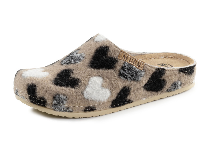 Tofflor - Mubb tofflor i ullfilt med en fräck hjärtdesign, i storlek 036 till 042, i färg BEIGE-SVART Utsikt 1