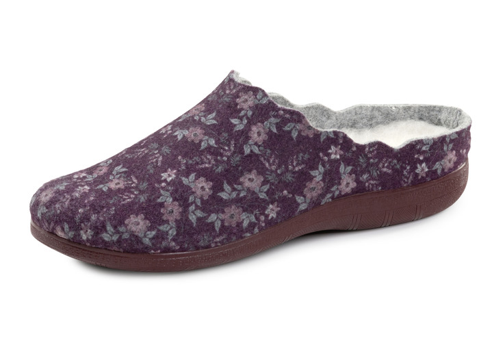 Tofflor - Laurina tofflor gjorda av blommigt tryckt filtmaterial, i storlek 036 till 042, i färg AUBERGINE Utsikt 1