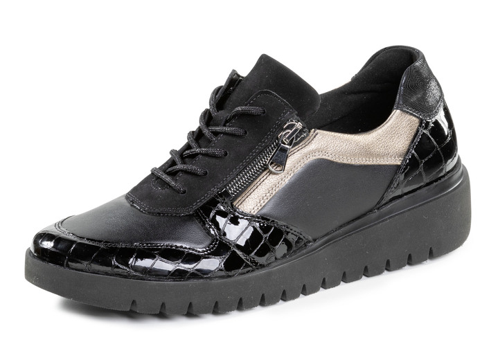 Damskor - Sneakers med snörning av nappaläder, i storlek 035 till 080, i färg SVART-GAMMEL GULD Utsikt 1
