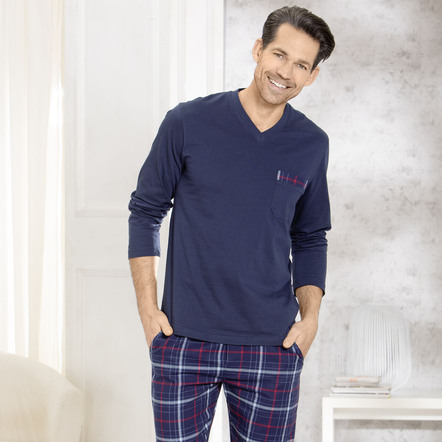 Comte-pyjamas med V-ringning och byxor i vävd flanell